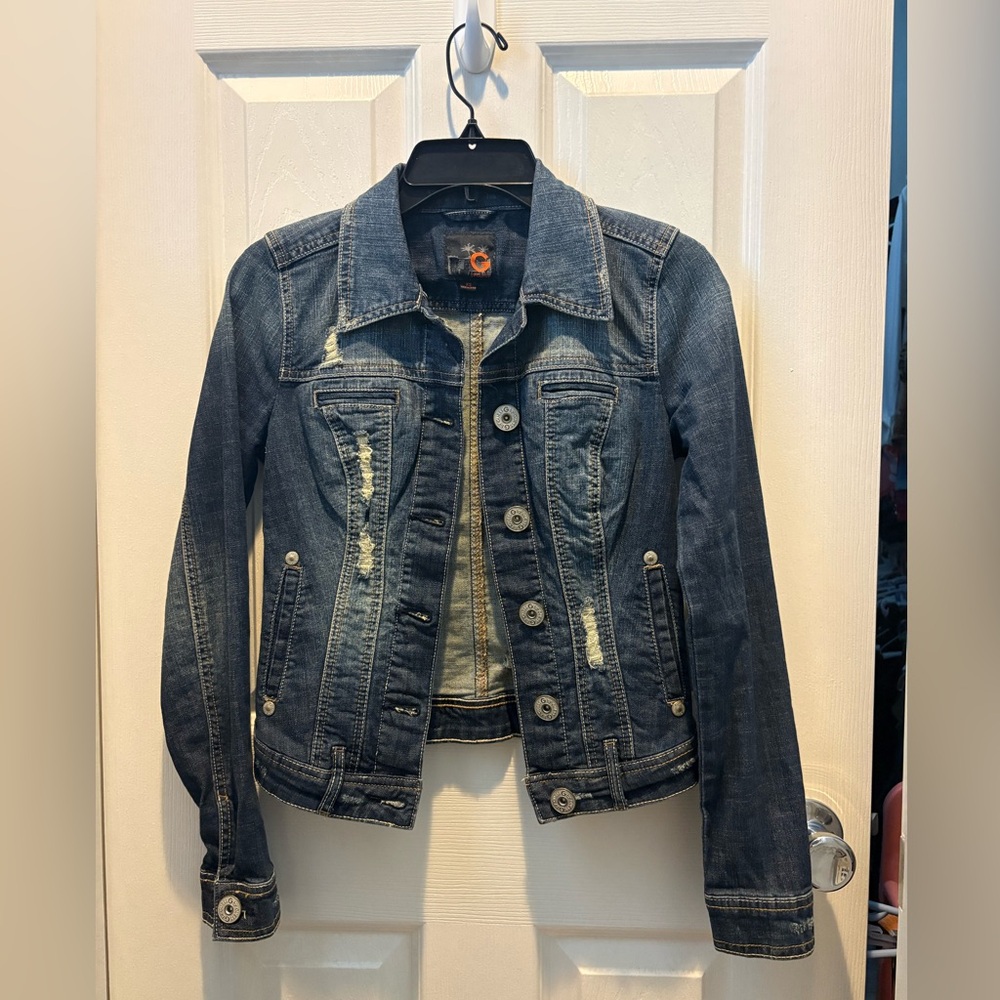 Dark Wash Denim Jacket with Subtle Distressing